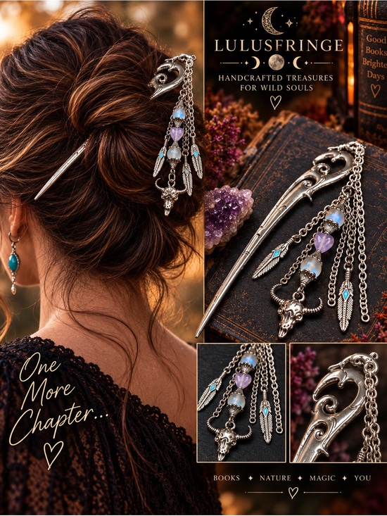 Hand Crafted Jewelry - Bookmark & Hair Pin • Bull Skull Feather Charms • Boho Western
• Artisan